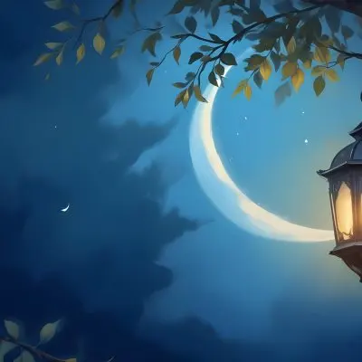 Digital Painting A Crescent Moon In A Blue Sky With Some Branches And Leaves And A Lantern On The Right Side Of The Image Bold And Slim Lines Brush Strokes 7 6400