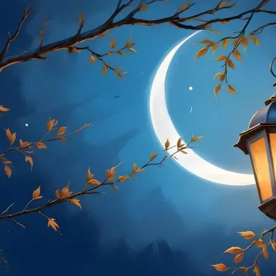 Digital Painting A Crescent Moon In A Blue Sky With Some Branches And Leaves And A Lantern On The Right Side Of The Image Bold And Slim Lines Brush Strokes 8 5ff1