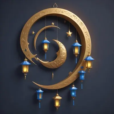 Digital Painting A Crescent Moon Shaped Wall Hanging With Blue And Gold Lanterns Hanging From It Bold And Slim Lines Brush Strokes 2 02a8