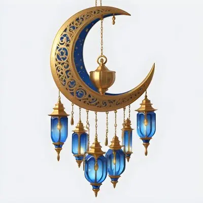 Digital Painting A Crescent Moon Shaped Wall Hanging With Blue And Gold Lanterns Hanging From It Bold And Slim Lines Brush Strokes 3 C5e0