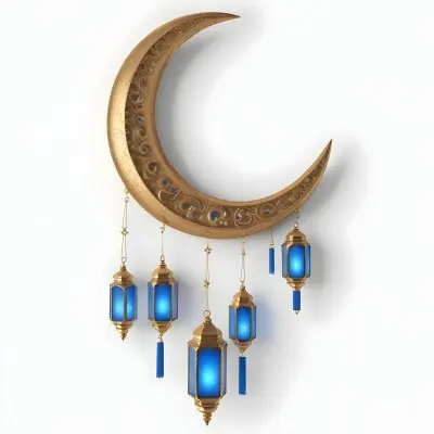Digital Painting A Crescent Moon Shaped Wall Hanging With Blue And Gold Lanterns Hanging From It Bold And Slim Lines Brush Strokes 4 97dd