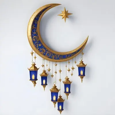 Digital Painting A Crescent Moon Shaped Wall Hanging With Blue And Gold Lanterns Hanging From It Bold And Slim Lines Brush Strokes 5 A08f