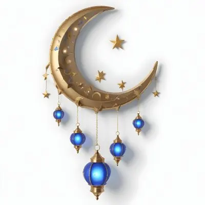 Digital Painting A Crescent Moon Shaped Wall Hanging With Blue And Gold Lanterns Hanging From It Bold And Slim Lines Brush Strokes 6 0c68