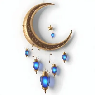 Digital Painting A Crescent Moon Shaped Wall Hanging With Blue And Gold Lanterns Hanging From It Bold And Slim Lines Brush Strokes 7 0211