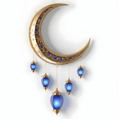 Digital Painting A Crescent Moon Shaped Wall Hanging With Blue And Gold Lanterns Hanging From It Bold And Slim Lines Brush Strokes 8 0d43