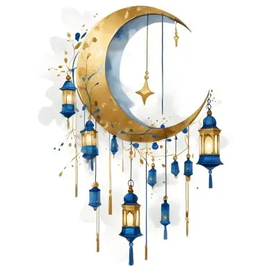 Digital Painting A Crescent Moon Shaped Wall Hanging With Blue And Gold Lanterns Hanging From It Bold And Slim Lines Brush Strokes 9 C5cc