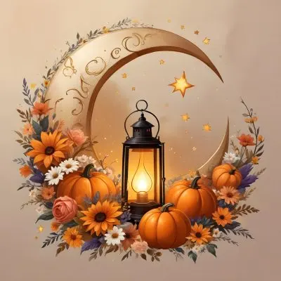Digital Painting A Crescent Moon With A Lantern Surrounded By Stars Flowers And Pumpkins Against A Warm Glowing Background Bold And Slim Lines Brush Strokes 1 1ebb