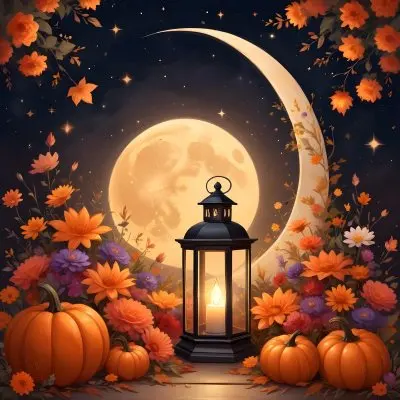 Digital Painting A Crescent Moon With A Lantern Surrounded By Stars Flowers And Pumpkins Against A Warm Glowing Background Bold And Slim Lines Brush Strokes 10 79ae