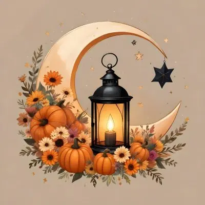 Digital Painting A Crescent Moon With A Lantern Surrounded By Stars Flowers And Pumpkins Against A Warm Glowing Background Bold And Slim Lines Brush Strokes 13 8fd6