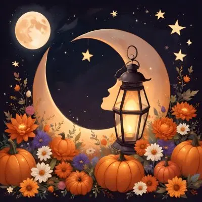 Digital Painting A Crescent Moon With A Lantern Surrounded By Stars Flowers And Pumpkins Against A Warm Glowing Background Bold And Slim Lines Brush Strokes 14 Eb75