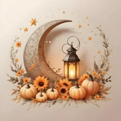 Digital Painting A Crescent Moon With A Lantern Surrounded By Stars Flowers And Pumpkins Against A Warm Glowing Background Bold And Slim Lines Brush Strokes 18 71da