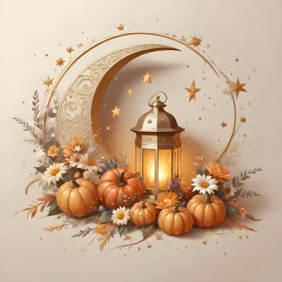 Digital Painting A Crescent Moon With A Lantern Surrounded By Stars Flowers And Pumpkins Against A Warm Glowing Background Bold And Slim Lines Brush Strokes 19 Eed7