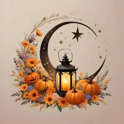 Digital Painting A Crescent Moon With A Lantern Surrounded By Stars Flowers And Pumpkins Against A Warm Glowing Background Bold And Slim Lines Brush Strokes 2 2476
