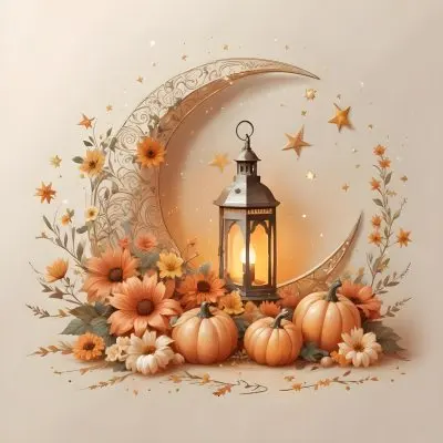 Digital Painting A Crescent Moon With A Lantern Surrounded By Stars Flowers And Pumpkins Against A Warm Glowing Background Bold And Slim Lines Brush Strokes 20 B109