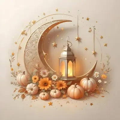 Digital Painting A Crescent Moon With A Lantern Surrounded By Stars Flowers And Pumpkins Against A Warm Glowing Background Bold And Slim Lines Brush Strokes 21 6ad4