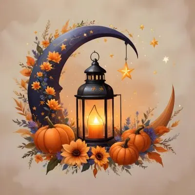 Digital Painting A Crescent Moon With A Lantern Surrounded By Stars Flowers And Pumpkins Against A Warm Glowing Background Bold And Slim Lines Brush Strokes 3 8de2