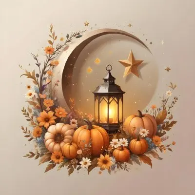 Digital Painting A Crescent Moon With A Lantern Surrounded By Stars Flowers And Pumpkins Against A Warm Glowing Background Bold And Slim Lines Brush Strokes 4 Bda6