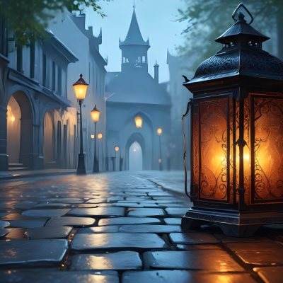 Digital Painting A Lantern With Intricate Patterns Casting A Warm Glow On Wet Cobblestones With An Arched Building And Streetlights Blurred In The Background Creating A Mystical Atmosphere Bold And Slim Lines Brus 10 8aed
