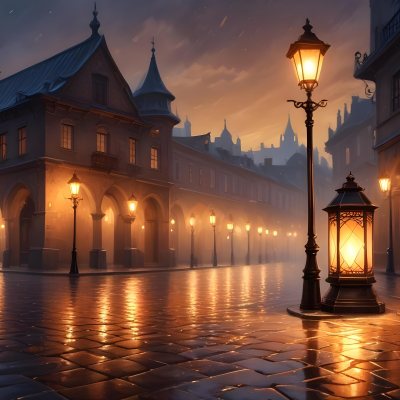 Digital Painting A Lantern With Intricate Patterns Casting A Warm Glow On Wet Cobblestones With An Arched Building And Streetlights Blurred In The Background Creating A Mystical Atmosphere Bold And Slim Lines Brus 15 8a54
