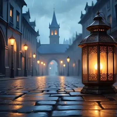 Digital Painting A Lantern With Intricate Patterns Casting A Warm Glow On Wet Cobblestones With An Arched Building And Streetlights Blurred In The Background Creating A Mystical Atmosphere Bold And Slim Lines Brus 17 6f56