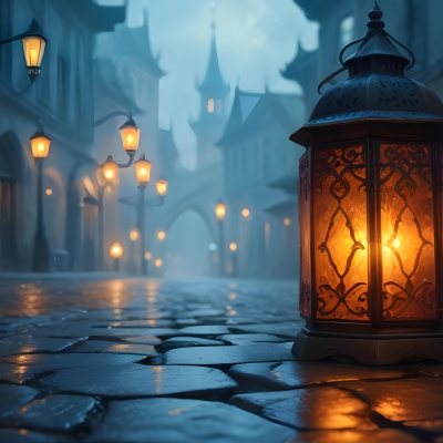Digital Painting A Lantern With Intricate Patterns Casting A Warm Glow On Wet Cobblestones With An Arched Building And Streetlights Blurred In The Background Creating A Mystical Atmosphere Bold And Slim Lines Brus 21 B590