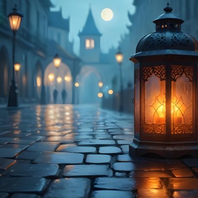 Digital Painting A Lantern With Intricate Patterns Casting A Warm Glow On Wet Cobblestones With An Arched Building And Streetlights Blurred In The Background Creating A Mystical Atmosphere Bold And Slim Lines Brus 24 0150
