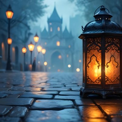 Digital Painting A Lantern With Intricate Patterns Casting A Warm Glow On Wet Cobblestones With An Arched Building And Streetlights Blurred In The Background Creating A Mystical Atmosphere Bold And Slim Lines Brus 26 5050