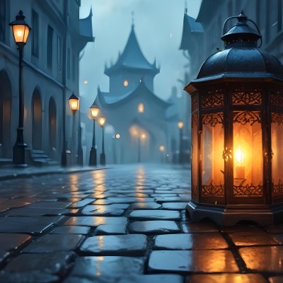 Digital Painting A Lantern With Intricate Patterns Casting A Warm Glow On Wet Cobblestones With An Arched Building And Streetlights Blurred In The Background Creating A Mystical Atmosphere Bold And Slim Lines Brus 4 3552
