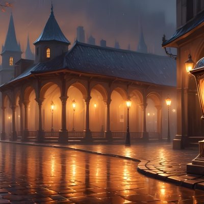 Digital Painting A Lantern With Intricate Patterns Casting A Warm Glow On Wet Cobblestones With An Arched Building And Streetlights Blurred In The Background Creating A Mystical Atmosphere Bold And Slim Lines Brus 6 836c