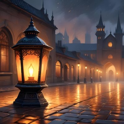 Digital Painting A Lantern With Intricate Patterns Casting A Warm Glow On Wet Cobblestones With An Arched Building And Streetlights Blurred In The Background Creating A Mystical Atmosphere Bold And Slim Lines Brus 8 2ebb