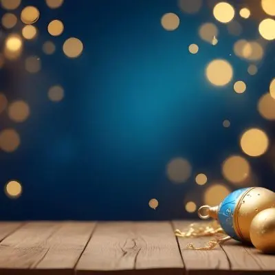 Digital Painting Golden Decorative Objects On A Wooden Surface With A Blurred Background Of Blue And Golden Bokeh Lights Creating A Festive And Elegant Atmosphere Bold And Slim Lines Brush Strokes 1 32be