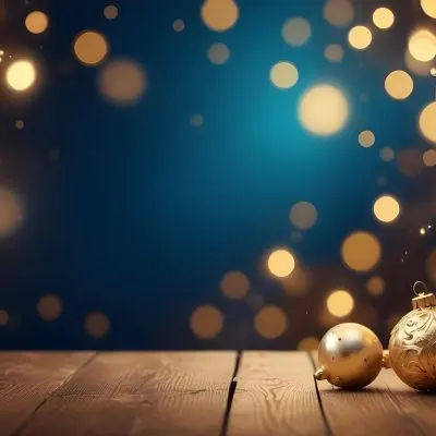 Digital Painting Golden Decorative Objects On A Wooden Surface With A Blurred Background Of Blue And Golden Bokeh Lights Creating A Festive And Elegant Atmosphere Bold And Slim Lines Brush Strokes 10 97d1