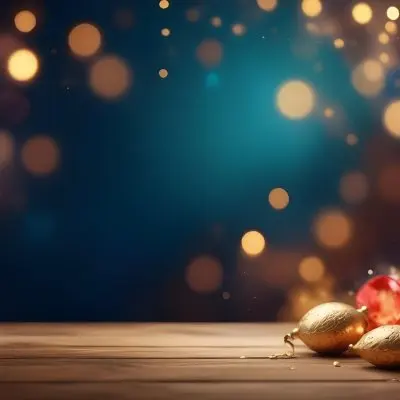 Digital Painting Golden Decorative Objects On A Wooden Surface With A Blurred Background Of Blue And Golden Bokeh Lights Creating A Festive And Elegant Atmosphere Bold And Slim Lines Brush Strokes 13 Fd35
