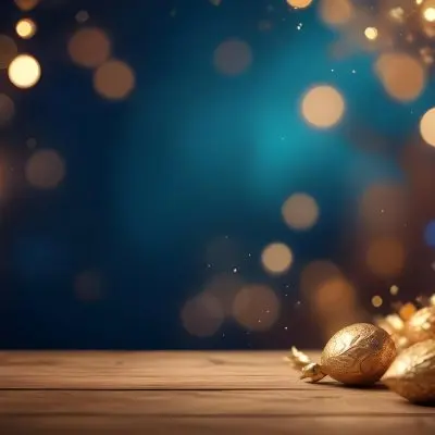 Digital Painting Golden Decorative Objects On A Wooden Surface With A Blurred Background Of Blue And Golden Bokeh Lights Creating A Festive And Elegant Atmosphere Bold And Slim Lines Brush Strokes 17 Ad6e