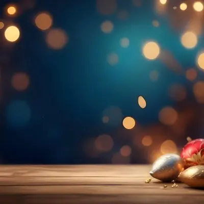 Digital Painting Golden Decorative Objects On A Wooden Surface With A Blurred Background Of Blue And Golden Bokeh Lights Creating A Festive And Elegant Atmosphere Bold And Slim Lines Brush Strokes 23 4300