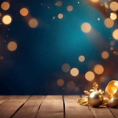 Digital Painting Golden Decorative Objects On A Wooden Surface With A Blurred Background Of Blue And Golden Bokeh Lights Creating A Festive And Elegant Atmosphere Bold And Slim Lines Brush Strokes 25 Ccf3