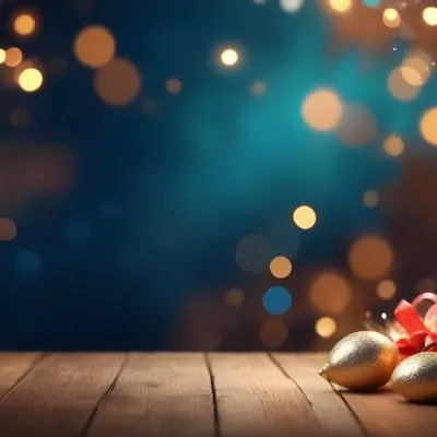 Digital Painting Golden Decorative Objects On A Wooden Surface With A Blurred Background Of Blue And Golden Bokeh Lights Creating A Festive And Elegant Atmosphere Bold And Slim Lines Brush Strokes 27 5348