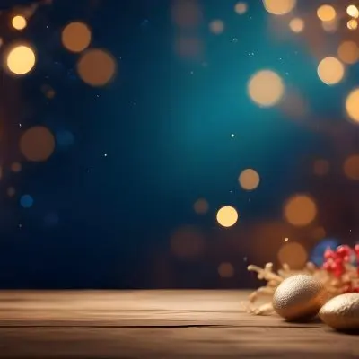 Digital Painting Golden Decorative Objects On A Wooden Surface With A Blurred Background Of Blue And Golden Bokeh Lights Creating A Festive And Elegant Atmosphere Bold And Slim Lines Brush Strokes 33 6b4a