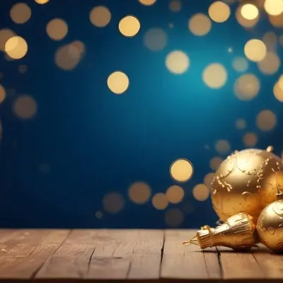 Digital Painting Golden Decorative Objects On A Wooden Surface With A Blurred Background Of Blue And Golden Bokeh Lights Creating A Festive And Elegant Atmosphere Bold And Slim Lines Brush Strokes 9 0f57