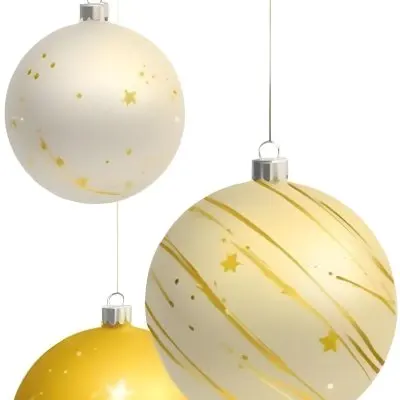 Digital Painting Three Christmas Balls One Golden One Golden With Stripes And Stars And One Yellow Hanging On A White Background Bold And Slim Lines Brush Strokes 10 2296