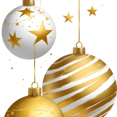 Digital Painting Three Christmas Balls One Golden One Golden With Stripes And Stars And One Yellow Hanging On A White Background Bold And Slim Lines Brush Strokes 18 Ca1b