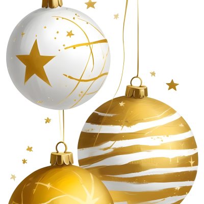 Digital Painting Three Christmas Balls One Golden One Golden With Stripes And Stars And One Yellow Hanging On A White Background Bold And Slim Lines Brush Strokes 21 141e