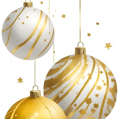 Digital Painting Three Christmas Balls One Golden One Golden With Stripes And Stars And One Yellow Hanging On A White Background Bold And Slim Lines Brush Strokes 22 D4fa