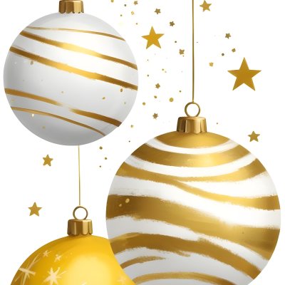 Digital Painting Three Christmas Balls One Golden One Golden With Stripes And Stars And One Yellow Hanging On A White Background Bold And Slim Lines Brush Strokes 24 2327