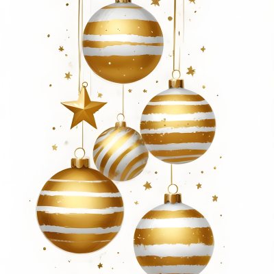 Digital Painting Three Christmas Balls One Golden One Golden With Stripes And Stars And One Yellow Hanging On A White Background Bold And Slim Lines Brush Strokes 26 Ce5b