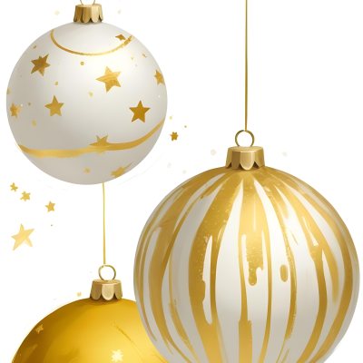 Digital Painting Three Christmas Balls One Golden One Golden With Stripes And Stars And One Yellow Hanging On A White Background Bold And Slim Lines Brush Strokes 27 F35b