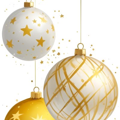 Digital Painting Three Christmas Balls One Golden One Golden With Stripes And Stars And One Yellow Hanging On A White Background Bold And Slim Lines Brush Strokes 28 72c1