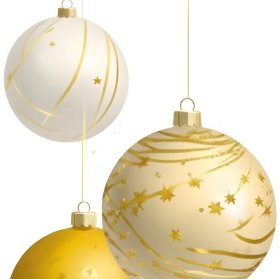 Digital Painting Three Christmas Balls One Golden One Golden With Stripes And Stars And One Yellow Hanging On A White Background Bold And Slim Lines Brush Strokes 29 077a