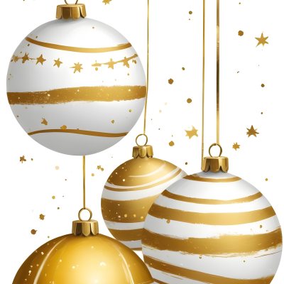 Digital Painting Three Christmas Balls One Golden One Golden With Stripes And Stars And One Yellow Hanging On A White Background Bold And Slim Lines Brush Strokes 30 Fd22