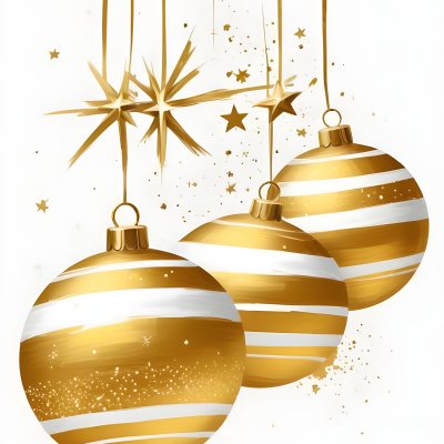 Digital Painting Three Christmas Balls One Golden One Golden With Stripes And Stars And One Yellow Hanging On A White Background Bold And Slim Lines Brush Strokes 4 0d33